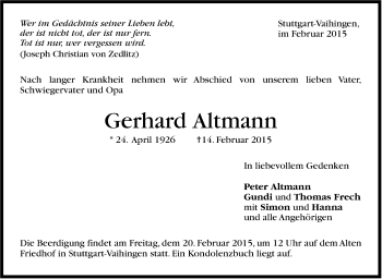 Traueranzeige von Gerhard Altmann von Stuttgarter Zeitung / Stuttgarter Nachrichten