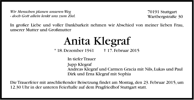  Traueranzeige für Anita Klegraf vom 19.02.2015 aus Stuttgarter Zeitung / Stuttgarter Nachrichten