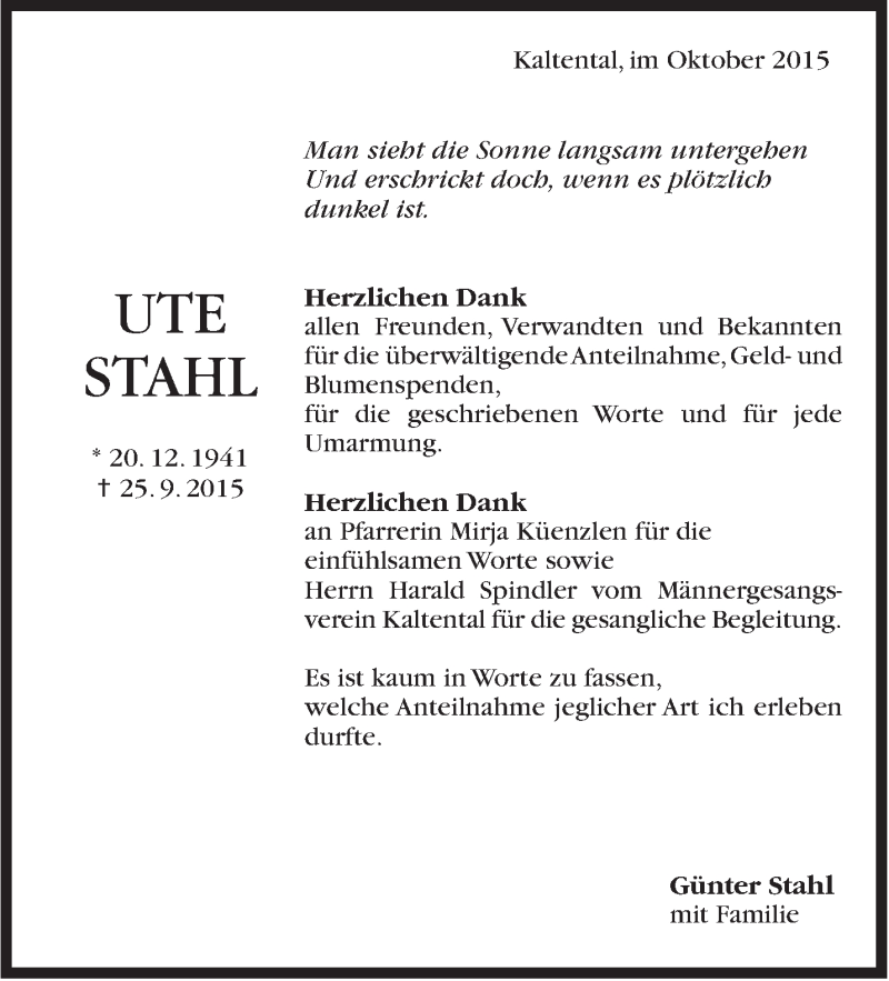  Traueranzeige für Ute Stahl vom 08.10.2015 aus Stuttgarter Zeitung / Stuttgarter Nachrichten