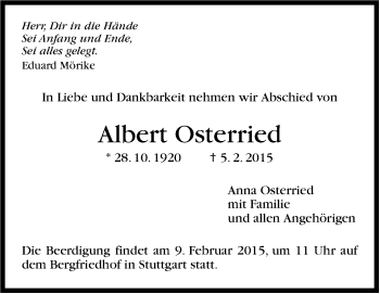Traueranzeige von Albert Osterried von Stuttgarter Zeitung / Stuttgarter Nachrichten