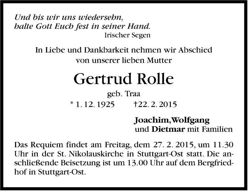  Traueranzeige für Gertrud Rolle vom 24.02.2015 aus Stuttgarter Zeitung / Stuttgarter Nachrichten