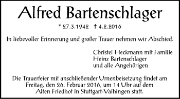 Traueranzeige von Alfred Bartenschlager von Stuttgarter Zeitung / Stuttgarter Nachrichten