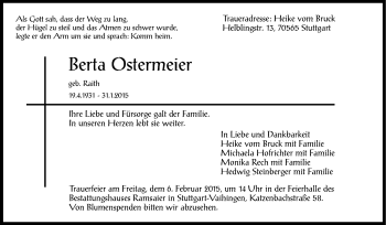 Traueranzeige von Berta Ostermeier von Stuttgarter Zeitung / Stuttgarter Nachrichten