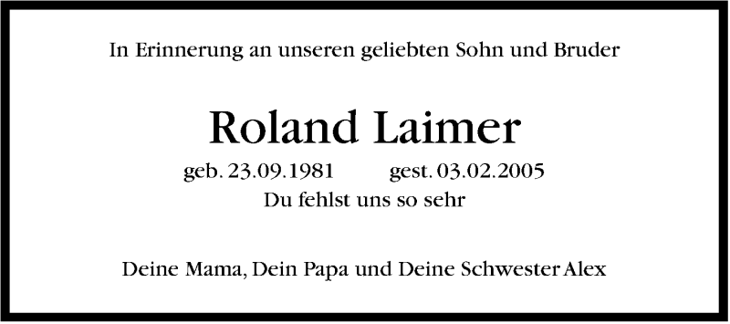  Traueranzeige für Roland Laimer vom 03.02.2015 aus Stuttgarter Zeitung / Stuttgarter Nachrichten
