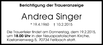 Traueranzeige von Andrea Singer von Stuttgarter Zeitung / Stuttgarter Nachrichten