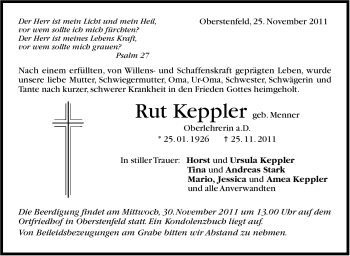 Traueranzeige von Rut Keppler von Marbacher Zeitung