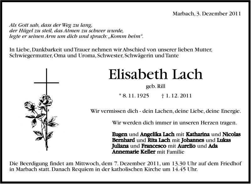  Traueranzeige für Elisabeth Lach vom 03.12.2011 aus Marbacher Zeitung