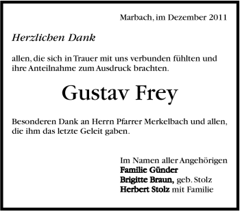Traueranzeige von Gustav Frey von Marbacher Zeitung