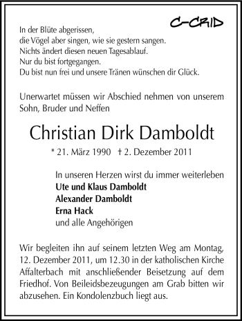 Traueranzeige von Christian Dirk Dambold von Marbacher Zeitung