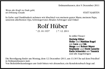 Traueranzeige von Rolf Hüber von Marbacher Zeitung