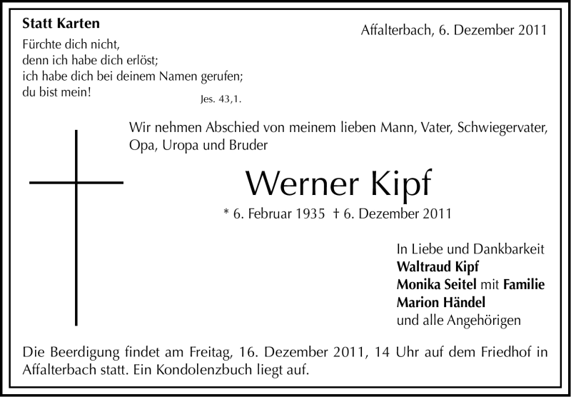  Traueranzeige für Werner Kipf vom 14.12.2011 aus Marbacher Zeitung