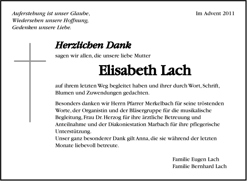  Traueranzeige für Elisabeth Lach vom 17.12.2011 aus Marbacher Zeitung
