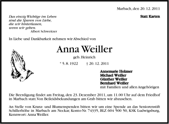 Traueranzeige von Anna Weiller von Marbacher Zeitung