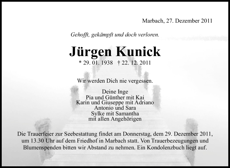  Traueranzeige für Jürgen Kunick vom 27.12.2011 aus Marbacher Zeitung