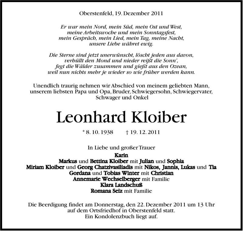  Traueranzeige für Leonhard Kloiber vom 21.12.2011 aus Marbacher Zeitung