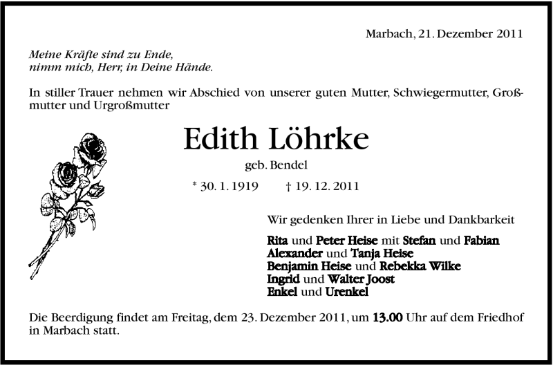  Traueranzeige für Edith Löhrke vom 21.12.2011 aus Marbacher Zeitung