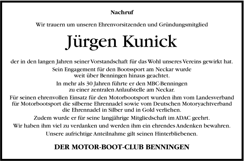  Traueranzeige für Jürgen Kunick vom 28.12.2011 aus Marbacher Zeitung