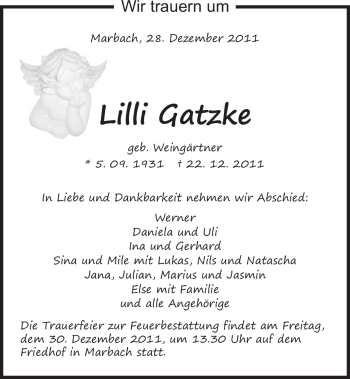 Traueranzeige von Lilli Gatzke von Marbacher Zeitung