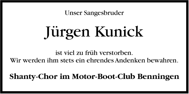  Traueranzeige für Jürgen Kunick vom 28.12.2011 aus Marbacher Zeitung