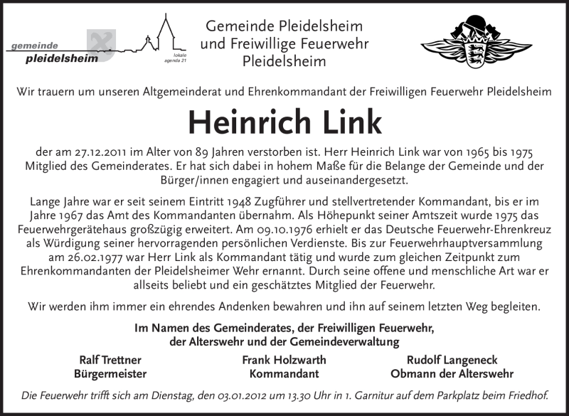  Traueranzeige für Heinrich Link vom 30.12.2011 aus Marbacher Zeitung