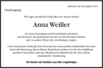 Traueranzeige von Anna Weiller von Marbacher Zeitung