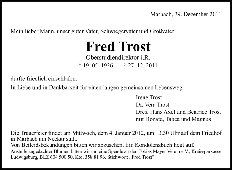  Traueranzeige für Fred Trost vom 29.12.2011 aus Marbacher Zeitung