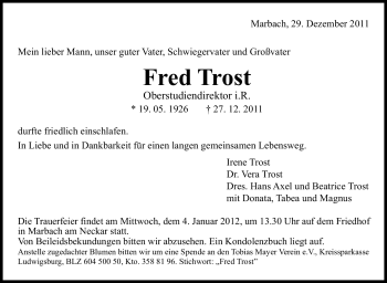 Traueranzeige von Fred Trost von Marbacher Zeitung