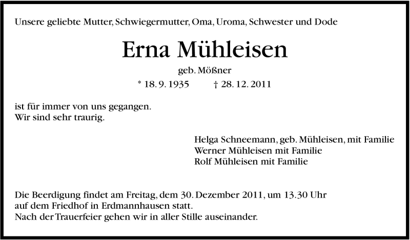  Traueranzeige für Erna Mühleisen vom 29.12.2011 aus Marbacher Zeitung