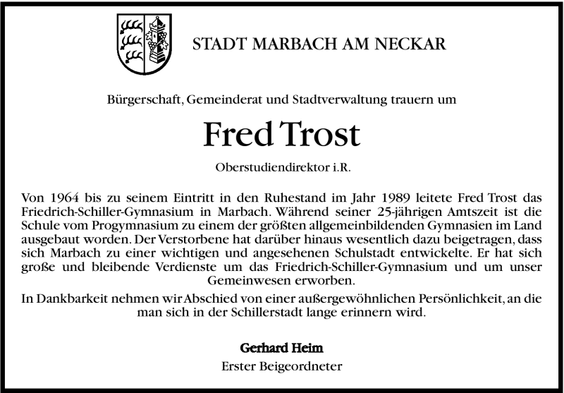  Traueranzeige für Fred Trost vom 31.12.2011 aus Marbacher Zeitung