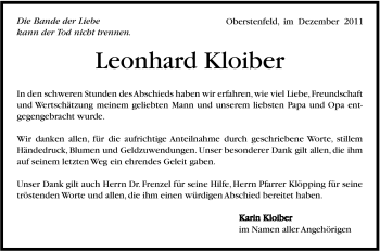 Traueranzeige von Leonhard Kloiber von Marbacher Zeitung