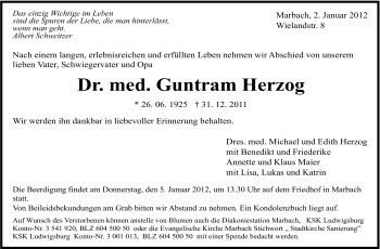 Traueranzeige von Guntram Herzog von Marbacher Zeitung