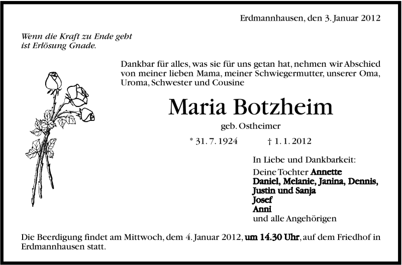  Traueranzeige für Maria Botzheim vom 03.01.2012 aus Marbacher Zeitung