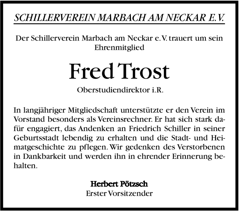  Traueranzeige für Fred Trost vom 03.01.2012 aus Marbacher Zeitung