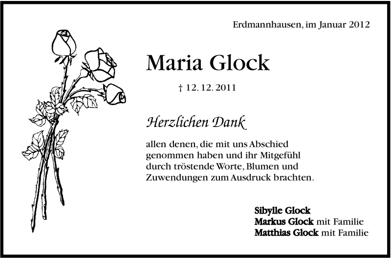  Traueranzeige für Maria Glock vom 05.01.2012 aus Marbacher Zeitung