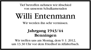 Traueranzeige von Willi Entenmann von Marbacher Zeitung