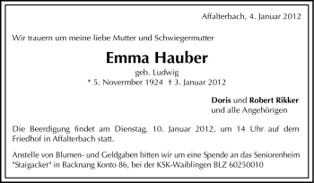 Traueranzeige von Emma Hauber von Marbacher Zeitung