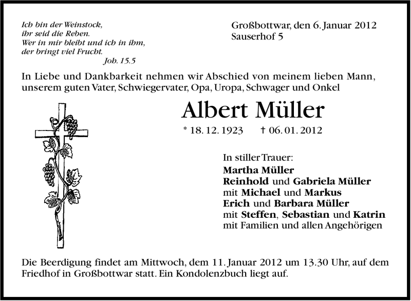  Traueranzeige für Albert Müller vom 09.01.2012 aus Marbacher Zeitung