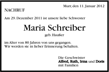Traueranzeige von Maria Schreiber von Marbacher Zeitung