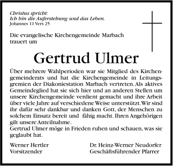 Traueranzeige von Gertrud Ulmer von Marbacher Zeitung