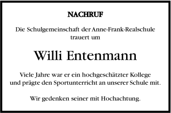 Traueranzeige von Willi Entenmann von Marbacher Zeitung