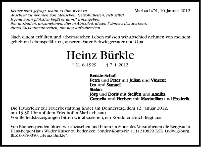  Traueranzeige für Heinz Bürkle vom 10.01.2012 aus Marbacher Zeitung