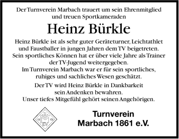 Traueranzeige von Heinz Bürkle von Marbacher Zeitung