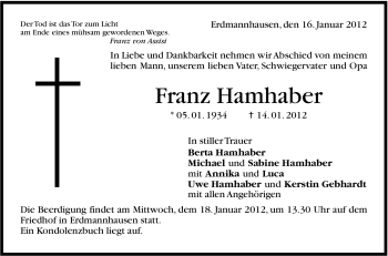 Traueranzeige von Franz Hambacher von Marbacher Zeitung