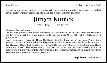 Traueranzeige von Jürgen Kunick von Marbacher Zeitung