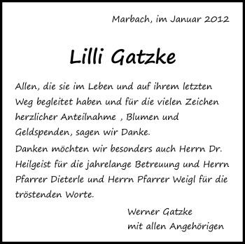 Traueranzeige von Lilli Gatzke von Marbacher Zeitung