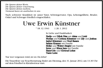 Traueranzeige von Uwe Erwin Künstner von Stuttgarter Zeitung / Stuttgarter Nachrichten