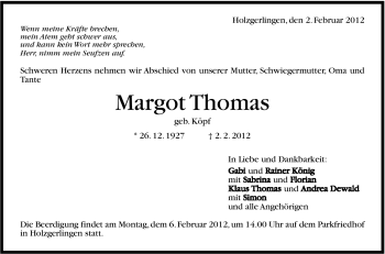 Traueranzeige von Margot Thomas von Stuttgarter Zeitung / Stuttgarter Nachrichten
