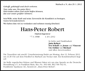 Traueranzeige von Hans-Peter Robert von Marbacher Zeitung