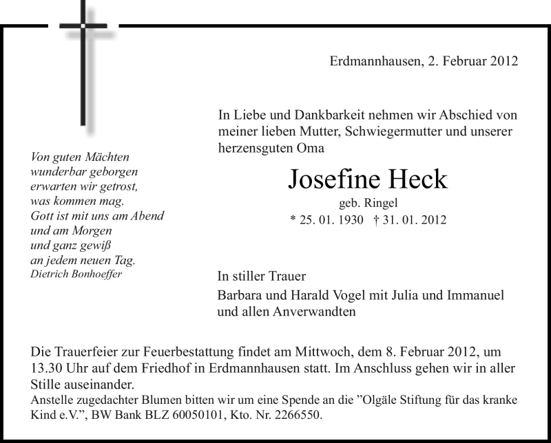  Traueranzeige für Josefine Heck vom 02.02.2012 aus Marbacher Zeitung