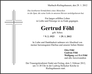 Traueranzeige von Gertrud Föhl von Stuttgarter Zeitung / Stuttgarter Nachrichten